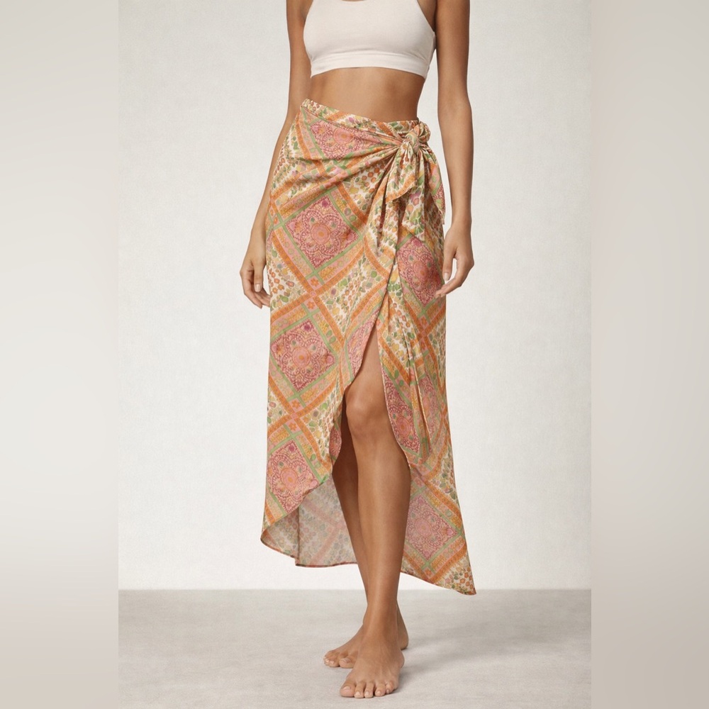 ASOS Design  Paisley Wrap Maxi Skirt Pink Peach Green Boho Button & Tie Waist